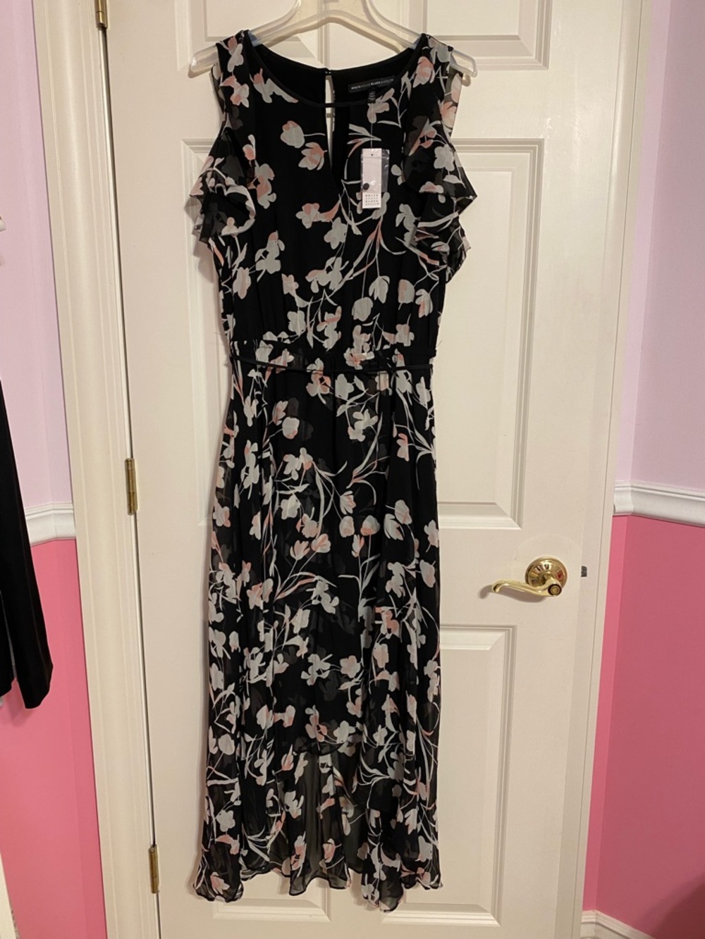 White House Black Market black floral chiffon maxi dress, size 6